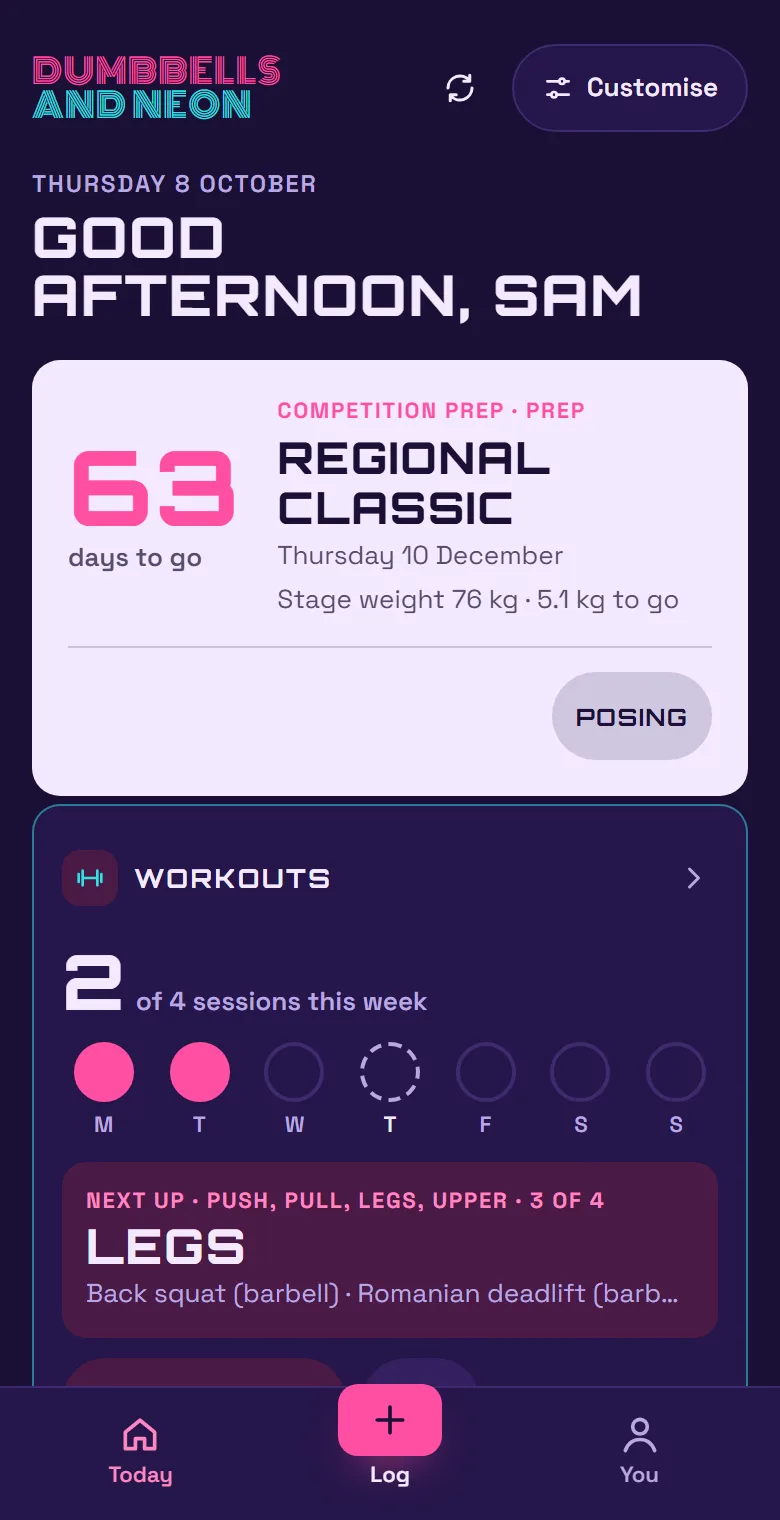 The Today screen: workout, nutrition and weight cards